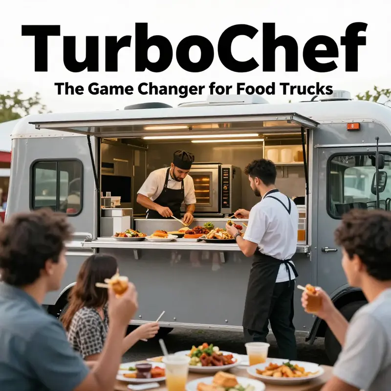 A bustling food truck kitchen with chefs and happy customers enjoying food cooked by a TurboChef oven.