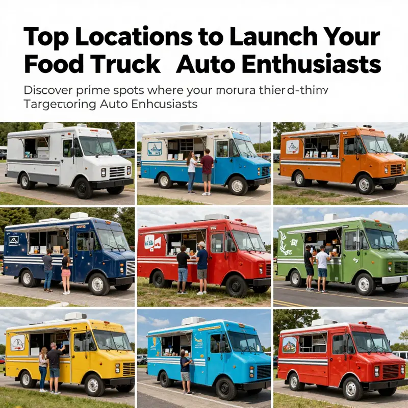 Collection of food truck scenes in different locations attracting car enthusiasts and community members.