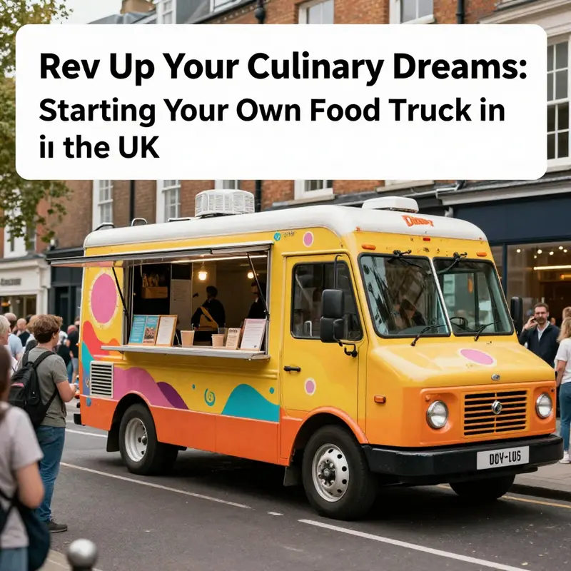 A colorful food truck serving a happy crowd at a bustling city location.