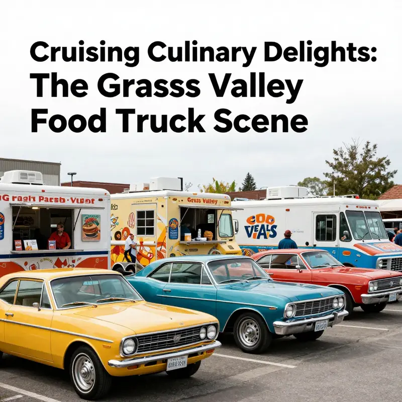 A lively image of food trucks alongside classic cars, showcasing the vibrant culture of Grass Valley where food and car enthusiasts converge.