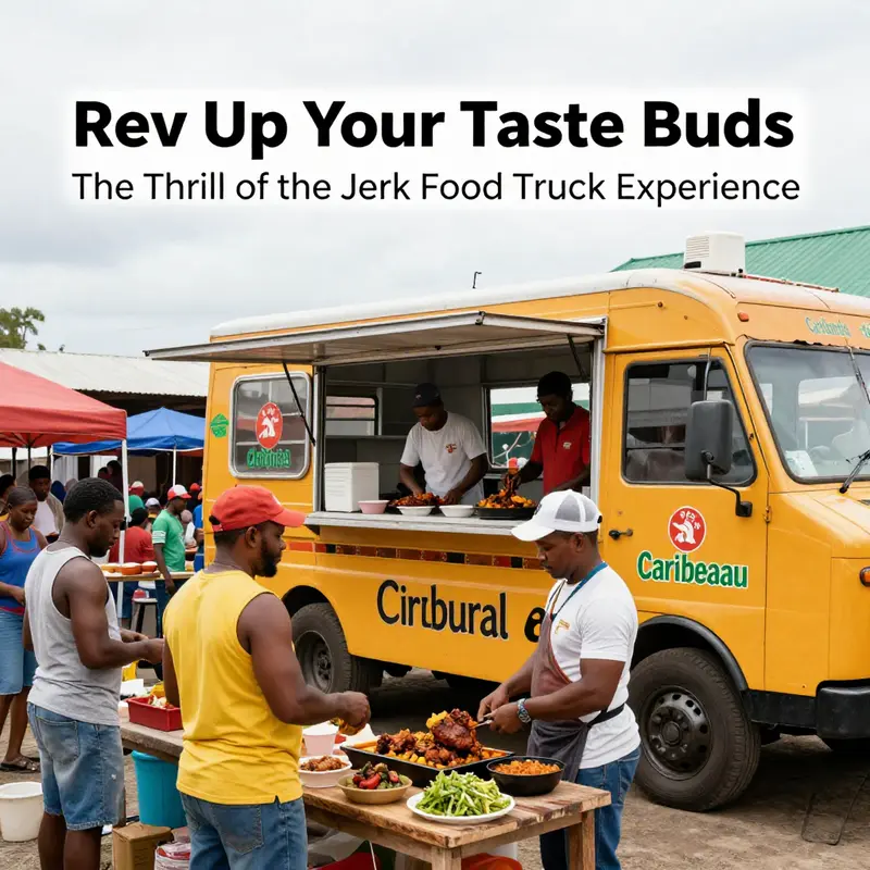 A vibrant jerk food truck showcasing traditional jerk dishes, highlighting the rich origins of this Caribbean cuisine.