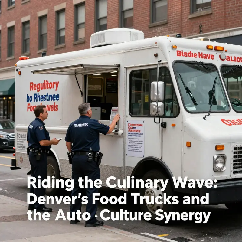 A bustling Denver street scene featuring a variety of food trucks and eager diners.