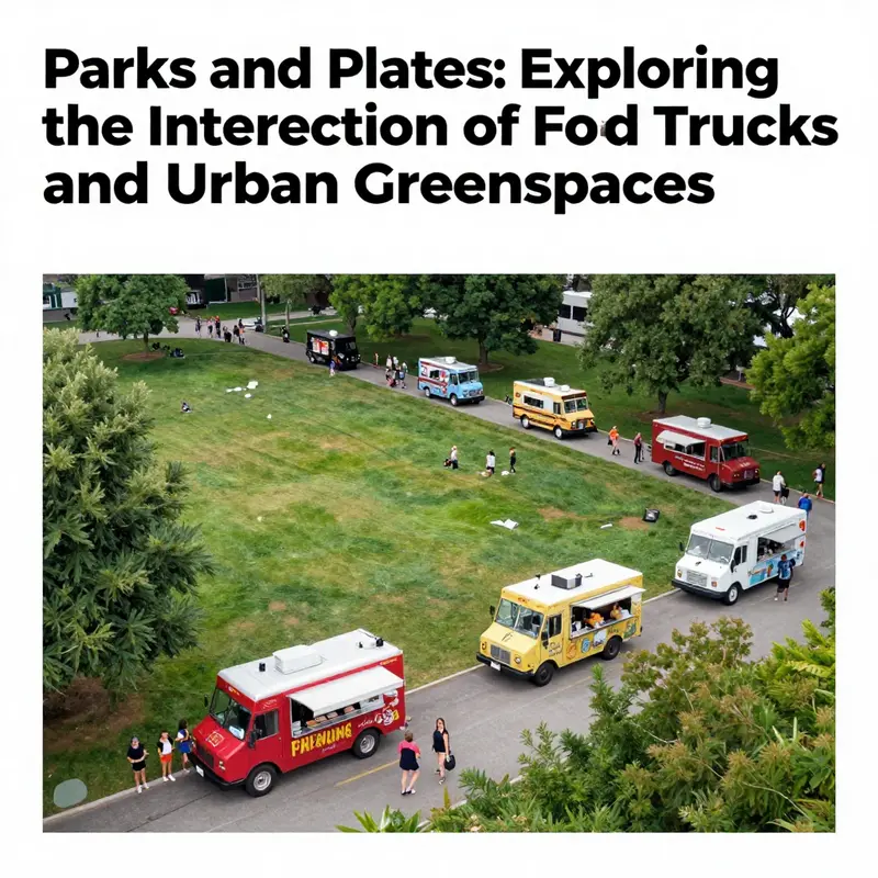 A bustling urban park filled with food trucks, families, and individuals enjoying food and leisure activities.