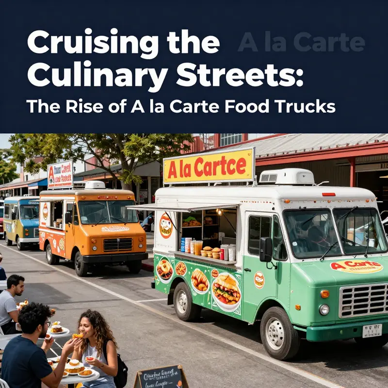 Diverse A la Carte food trucks serving an array of delicious dishes on a lively urban street.