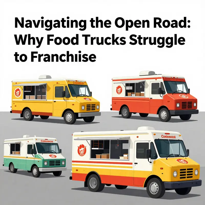 A food truck surrounded by various regulatory signs, representing the complexities of local laws affecting their franchise potential.