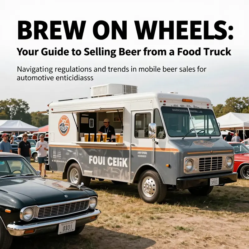 A food truck serving beer at a car show, amidst classic cars and happy customers.