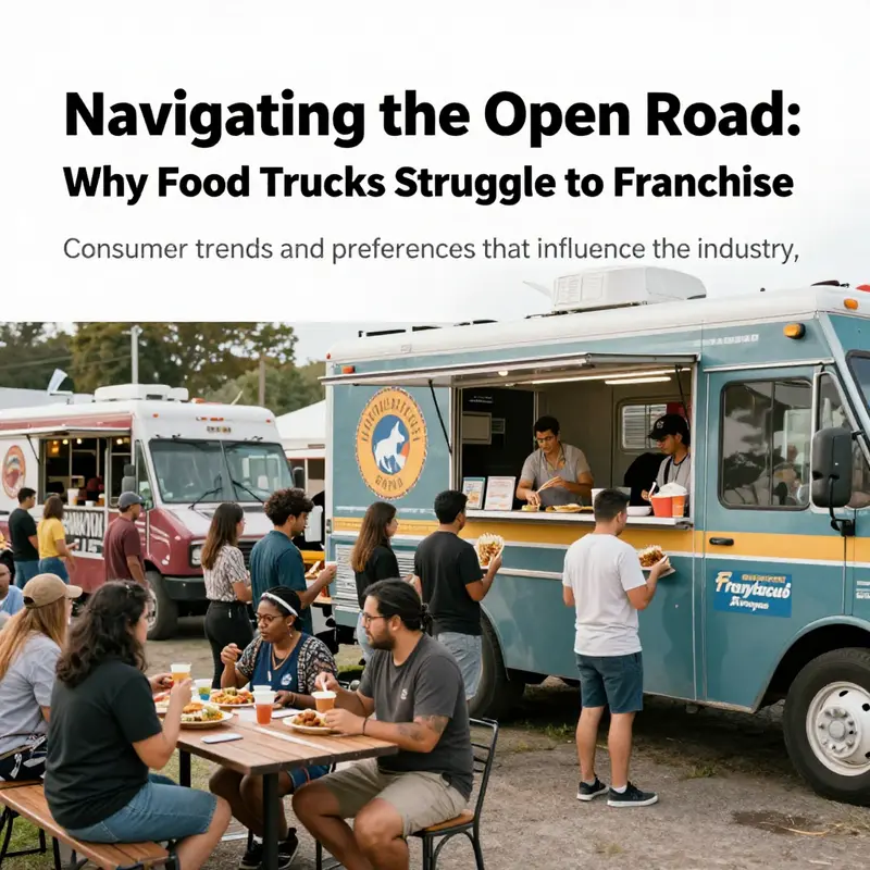 A food truck surrounded by various regulatory signs, representing the complexities of local laws affecting their franchise potential.