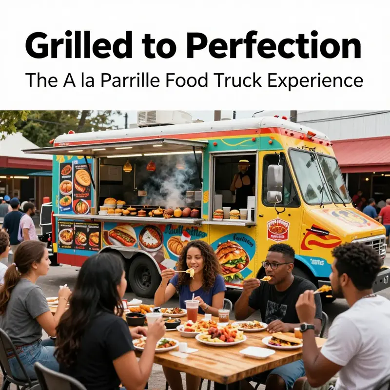 A bustling a la parrilla food truck scene highlighting the delicious offerings and lively atmosphere.