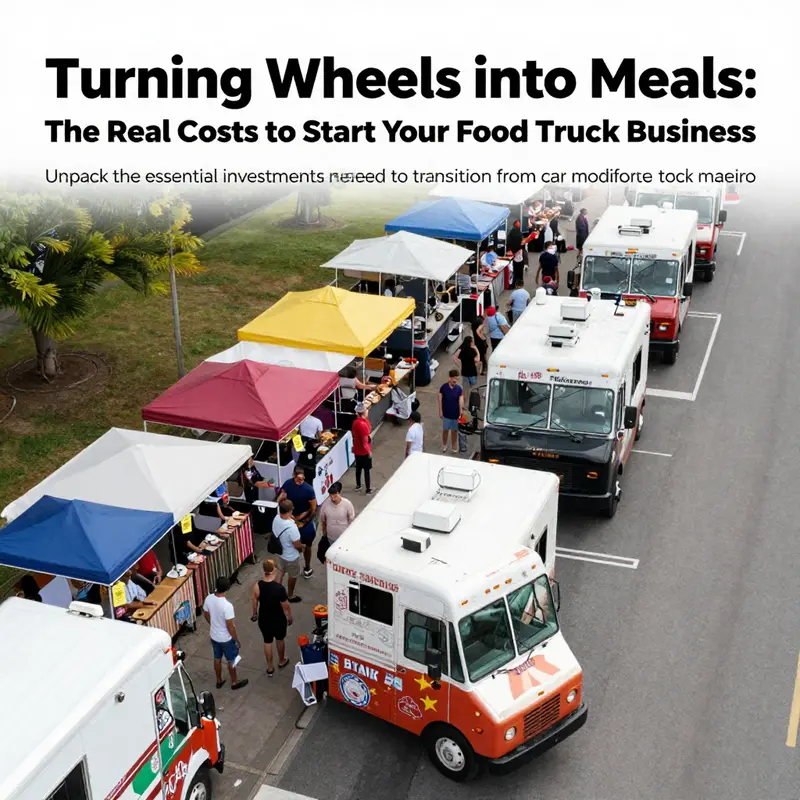 Aerial view of food trucks at an event with customers enjoying diverse cuisine.