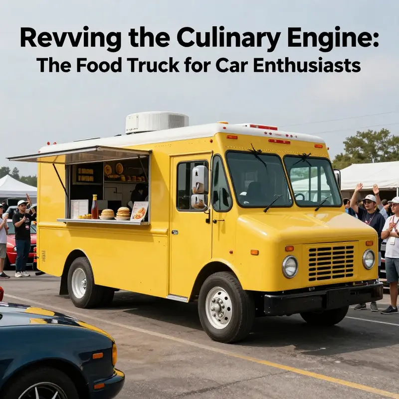 A food truck representing automotive culture, showcasing a variety of gourmet dishes for car lovers.