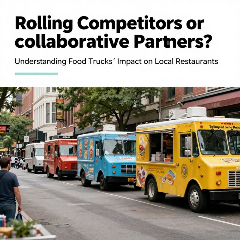 A vibrant urban street filled with food trucks and restaurants, showcasing the dynamic relationship between them.