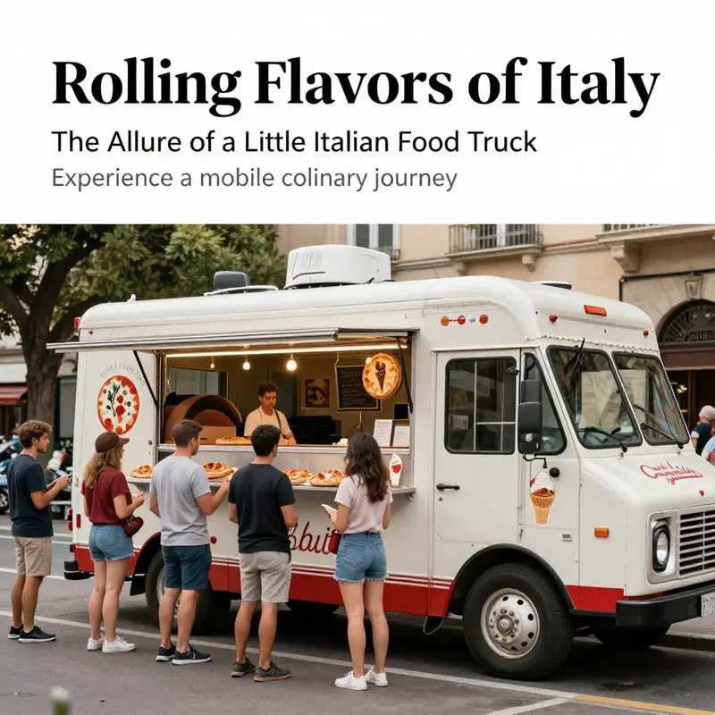 A vibrant Italian food truck attracting customers with delicious food options in an urban backdrop.