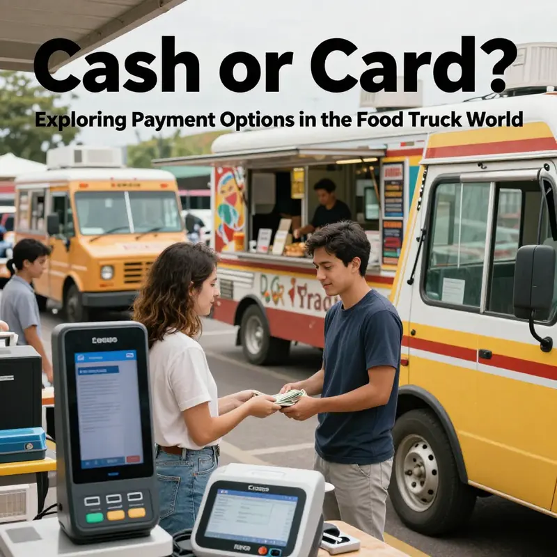 A vibrant collection of food trucks, capturing the essence of cash and digital payment methods in mobile dining.