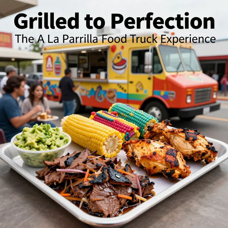A vibrant display of grilled dishes highlighting the culinary offerings of a la parrilla food trucks.