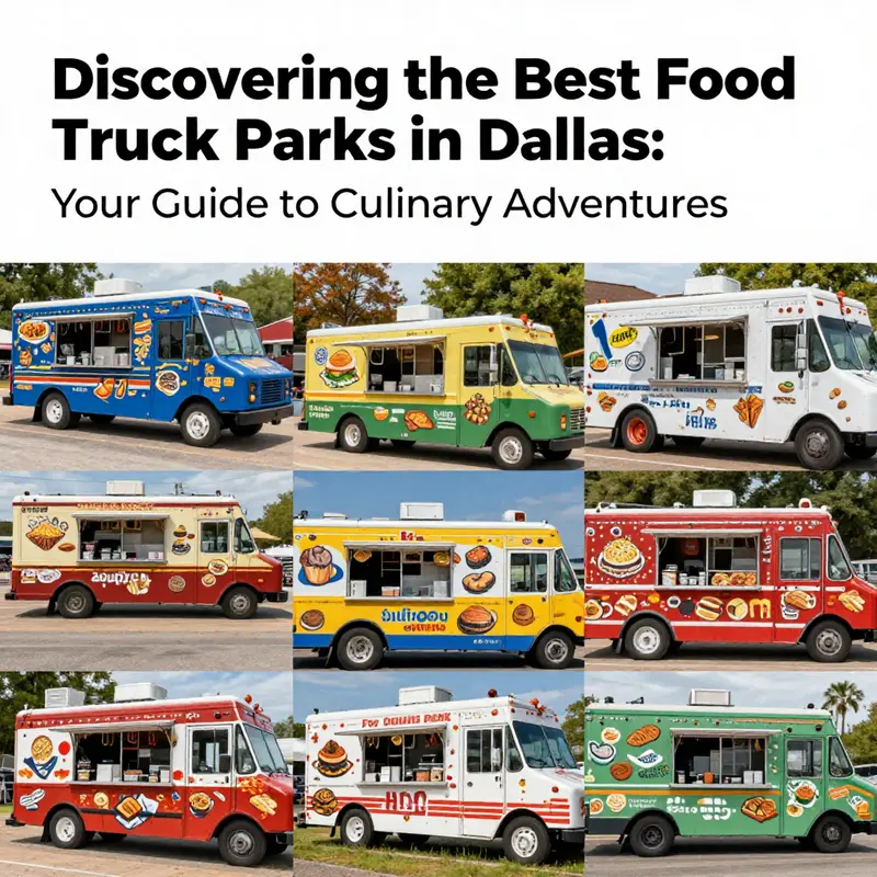 Collage of food trucks in Dallas showcasing various cuisines and vibrant atmosphere.