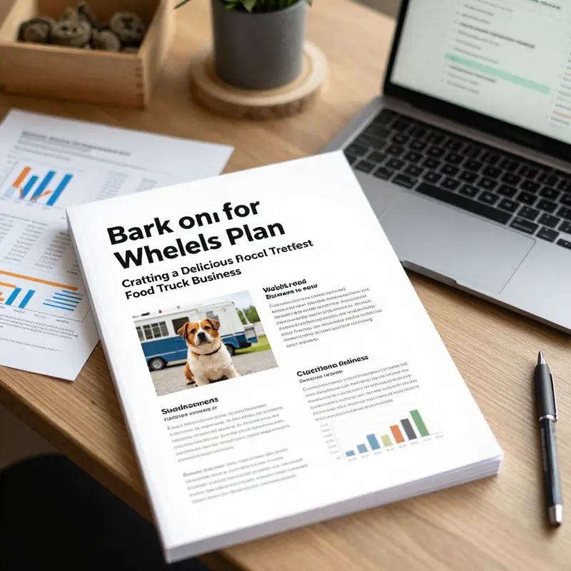 A vibrant dog treat food truck serving health-conscious pet owners in a lively urban setting.