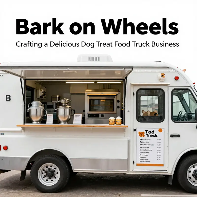 A vibrant dog treat food truck serving health-conscious pet owners in a lively urban setting.