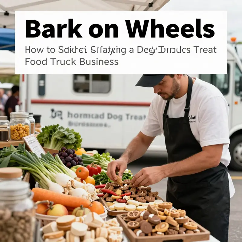 A vibrant dog treat food truck serving health-conscious pet owners in a lively urban setting.