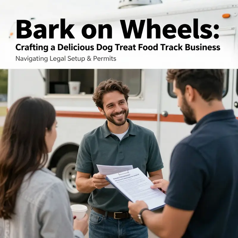 A vibrant dog treat food truck serving health-conscious pet owners in a lively urban setting.