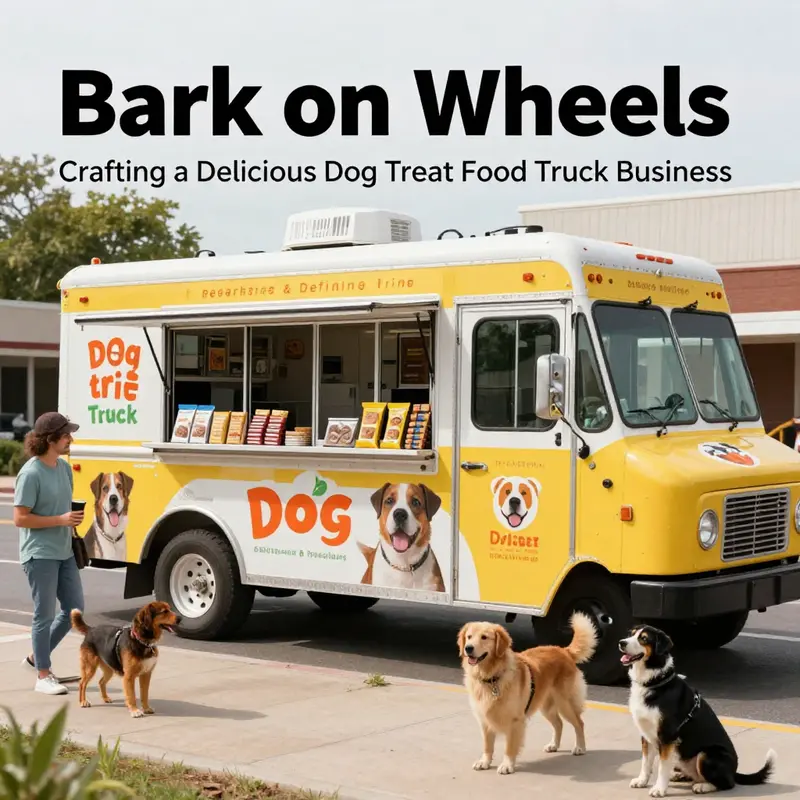 A vibrant dog treat food truck serving health-conscious pet owners in a lively urban setting.
