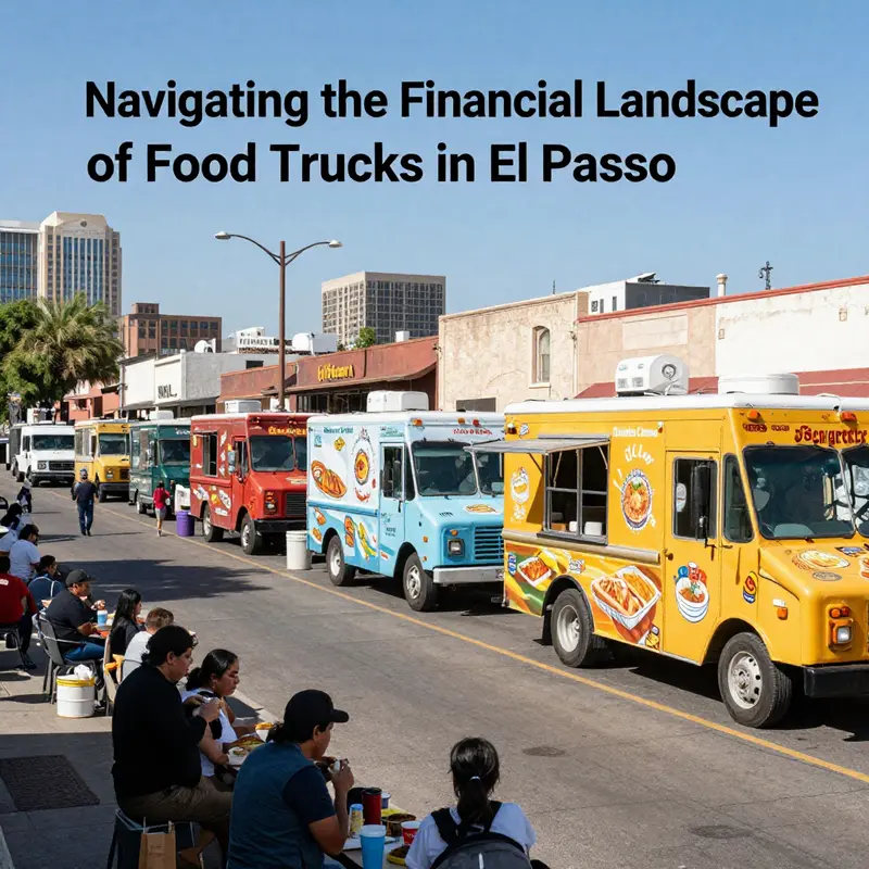 A lively street scene in El Paso showcasing a variety of food trucks, highlighting the vibrant culinary culture.