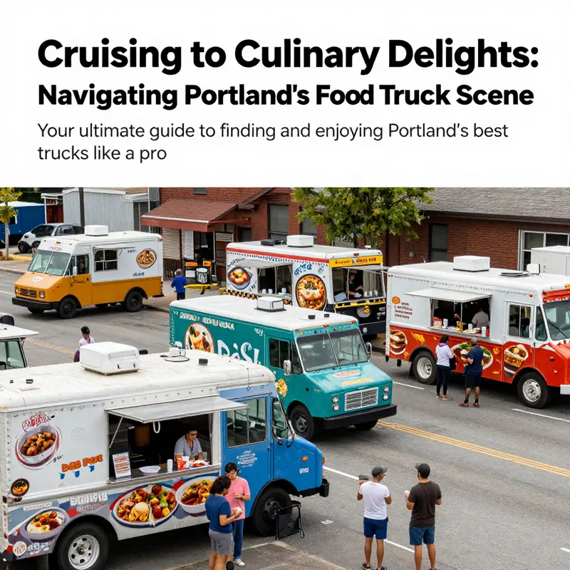 A lively street view of Portland food trucks with people enjoying diverse culinary offerings and a vibrant atmosphere.