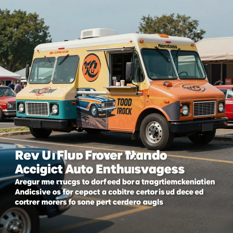 A food truck designed with automotive aesthetics, featuring car-related branding, parked amid a gathering of classic cars.