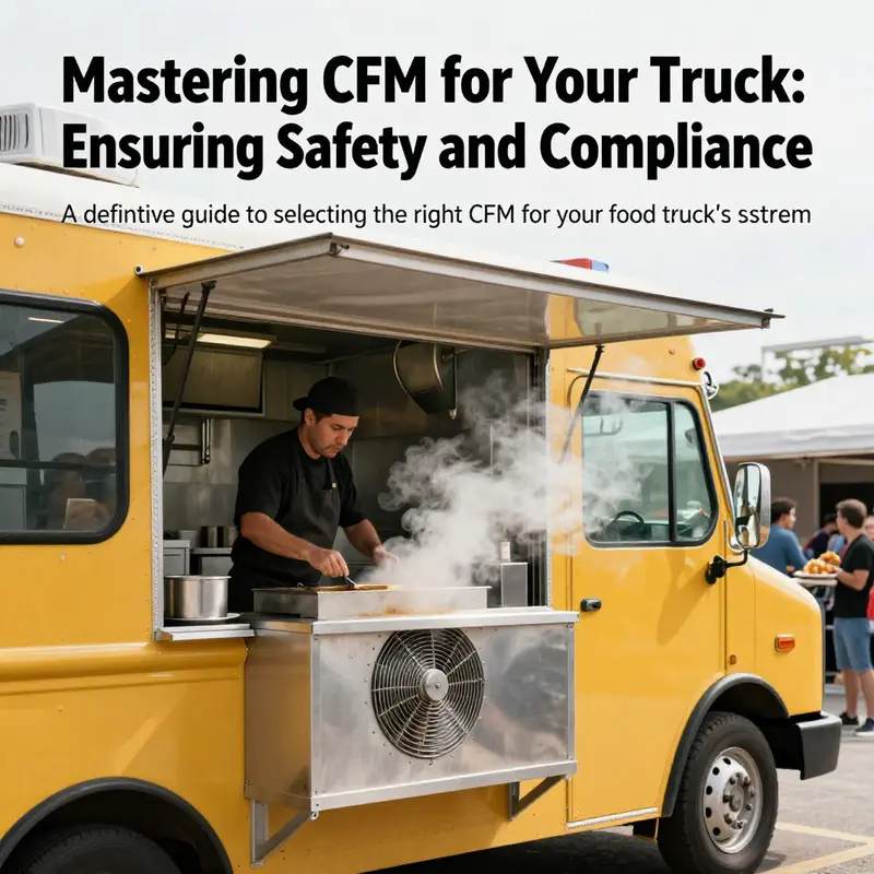 A lively food truck scene featuring a chef cooking with a visible exhaust fan, underscoring the necessity of adequate CFM.