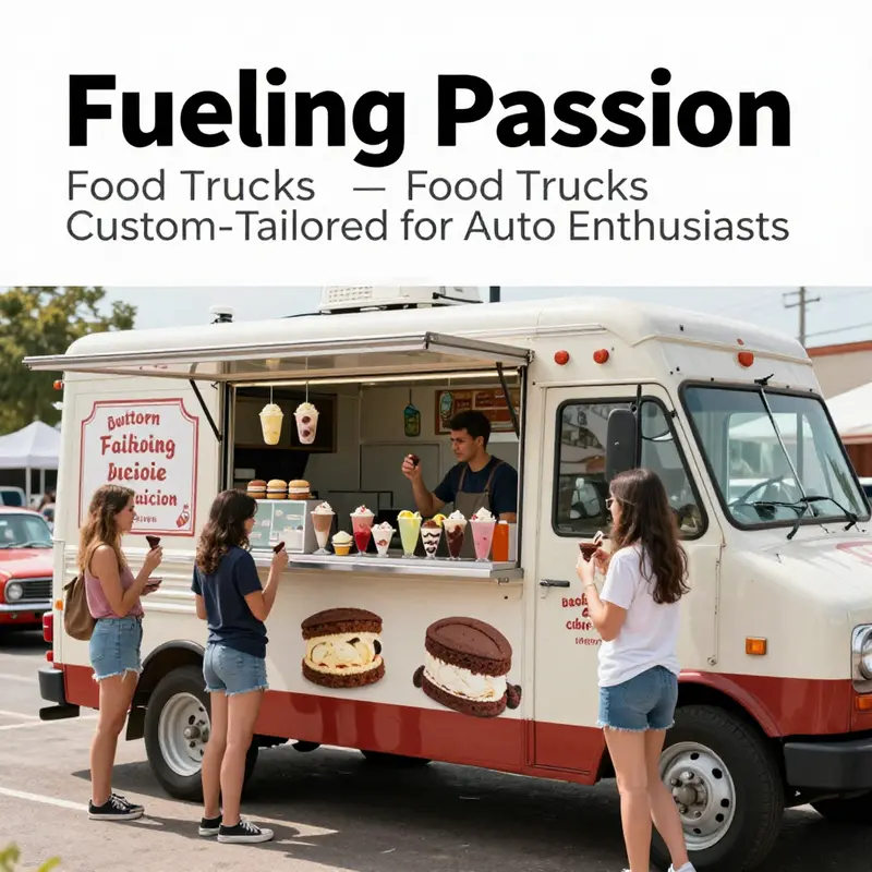 A lively scene featuring a food truck serving gourmet burgers and loaded fries at an automotive event.