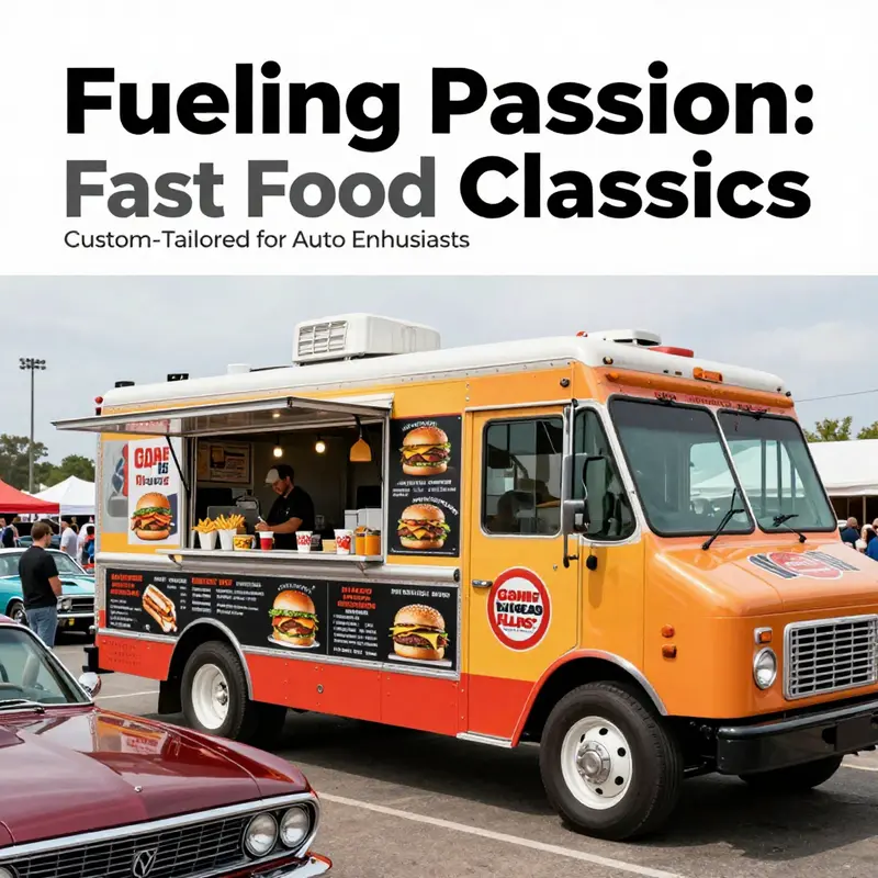 A lively scene featuring a food truck serving gourmet burgers and loaded fries at an automotive event.