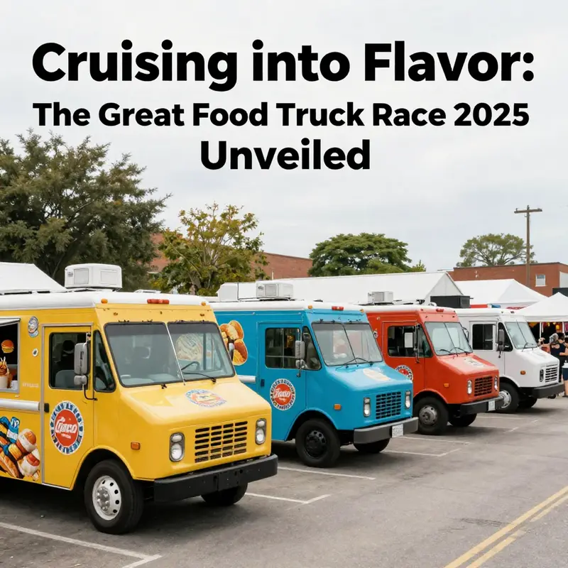 A lively street fair scene with multiple food trucks, symbolizing the vibrant culture surrounding The Great Food Truck Race.