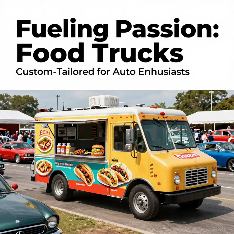 A lively scene featuring a food truck serving gourmet burgers and loaded fries at an automotive event.