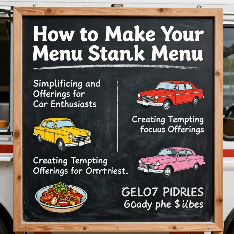 A simplified food truck menu showcasing select items that cater to car enthusiasts, emphasizing clarity and focus.