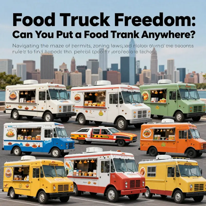 A vibrant collection of food trucks serving various cuisines, enhancing the cityscape with colorful displays and lively activity.
