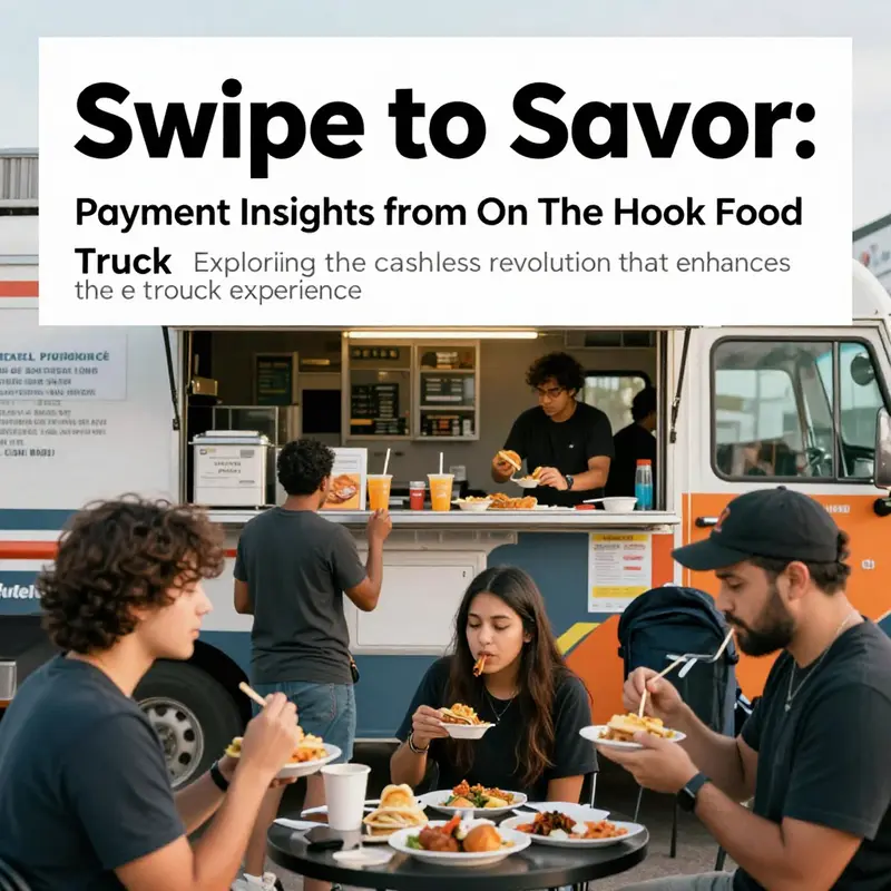 A vibrant outdoor food truck atmosphere filled with customers enjoying dishes after making card payments.