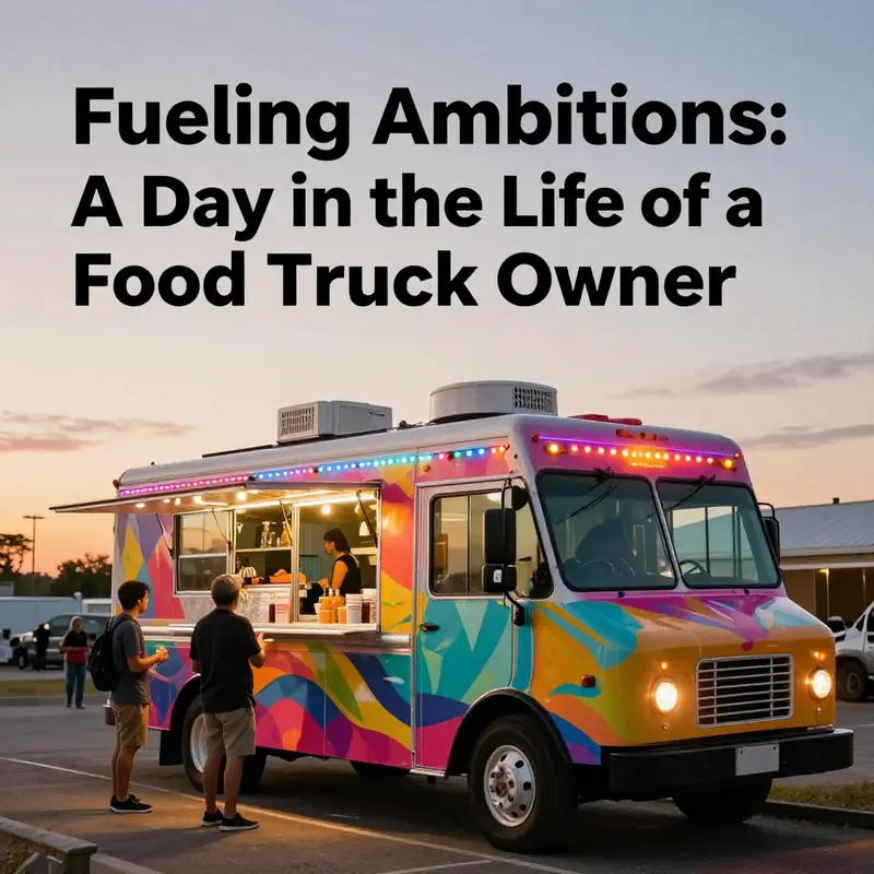 A lively food truck scene at sunset, with customers enjoying their meals in a colorful, inviting setting.