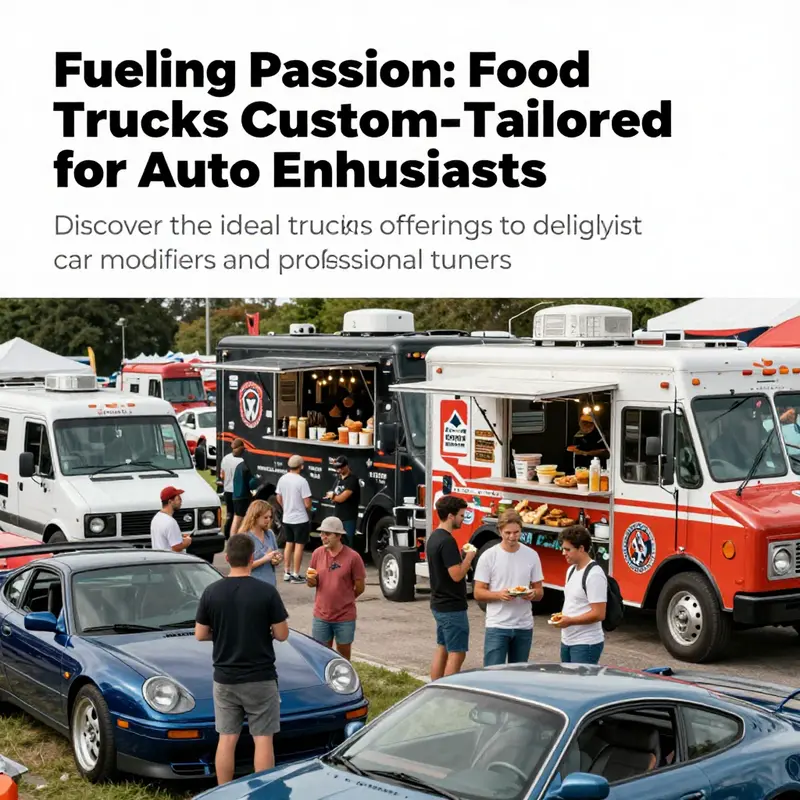 A vibrant scene of food trucks and car enthusiasts at a show.