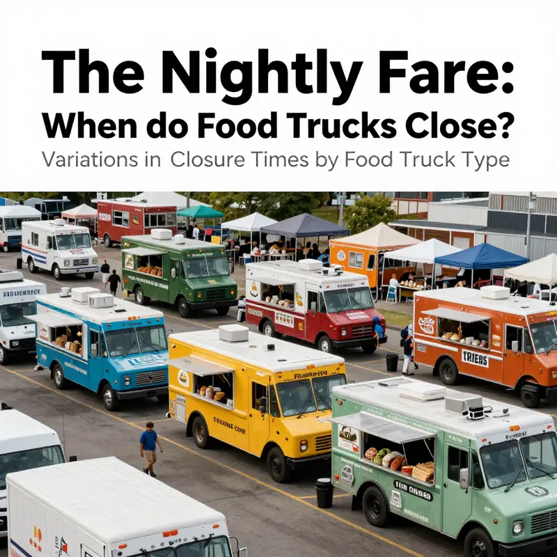 Food trucks lit up at night, serving various cuisines in a vibrant urban setting, reflecting city regulations.