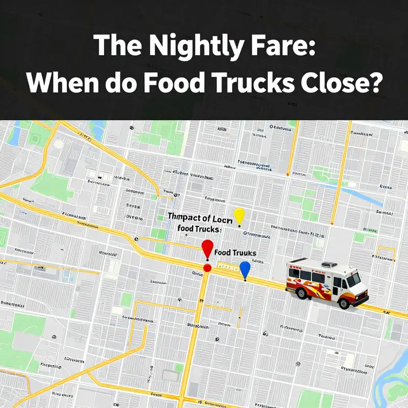 Food trucks lit up at night, serving various cuisines in a vibrant urban setting, reflecting city regulations.