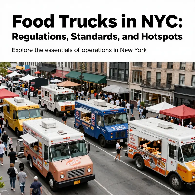 A colorful panorama featuring multiple food trucks at a New York City fair, showcasing diverse food options.