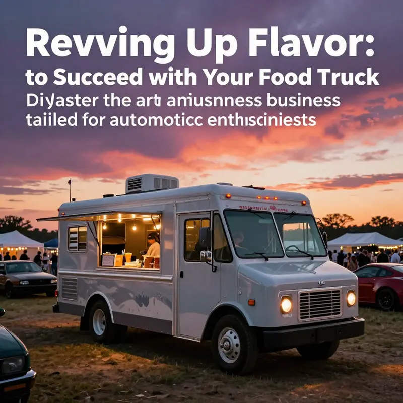 A food truck at sunset during a lively outdoor festival, showcasing a blend of car culture and gastronomic experience.