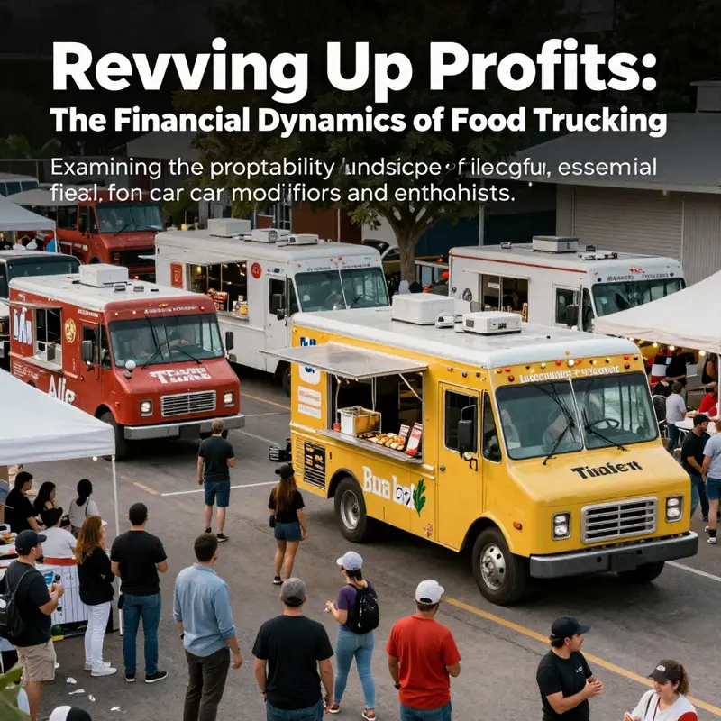 A vibrant food truck event scene with multiple trucks and happy customers enjoying street food.