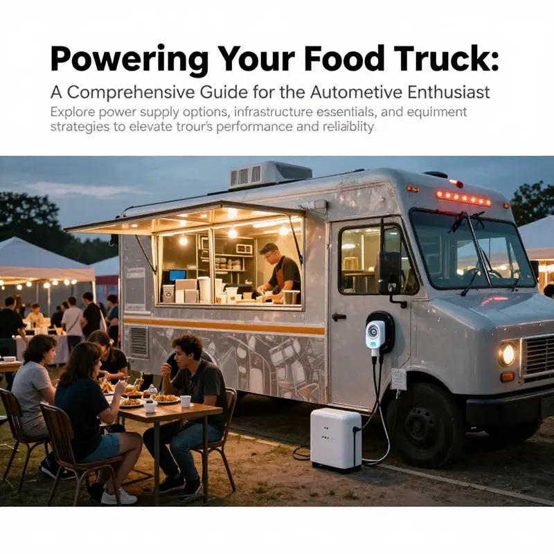 A food truck at an evening event with lighting and power connections visible, highlighting a lively atmosphere.
