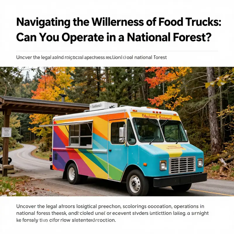 A colorful food truck parked by a national forest entrance, with lush trees and natural paths surrounding it.