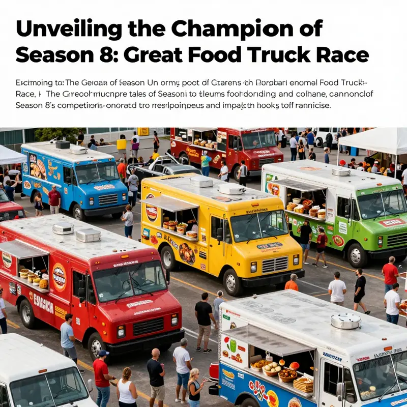 An energetic food truck festival capturing the excitement and community aspect of The Great Food Truck Race.
