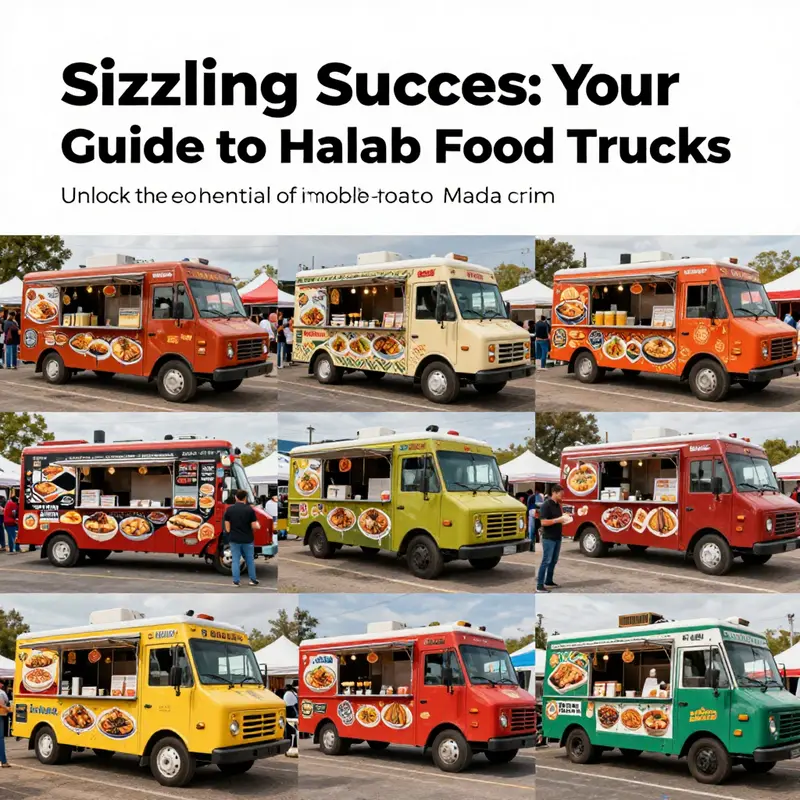 A colorful scene of multiple halal food trucks at a festival capturing the variety and excitement of mobile dining.