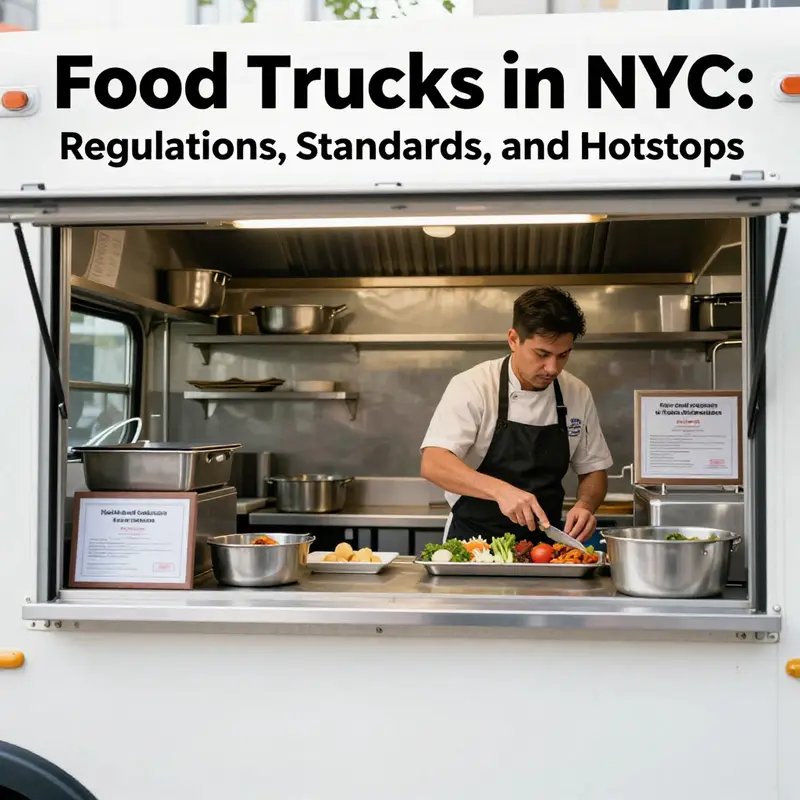 Food trucks in NYC lined up in a bustling street, reflecting the diverse culinary environment.