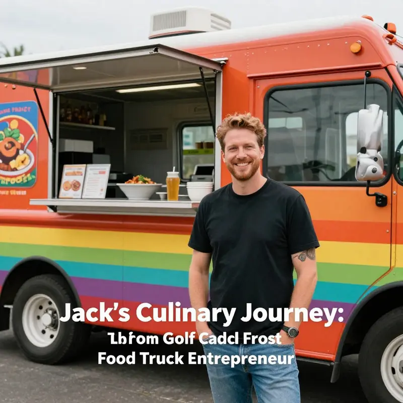 A portrait of Jack next to his food truck, embodying his journey from golf caddy to food truck owner.