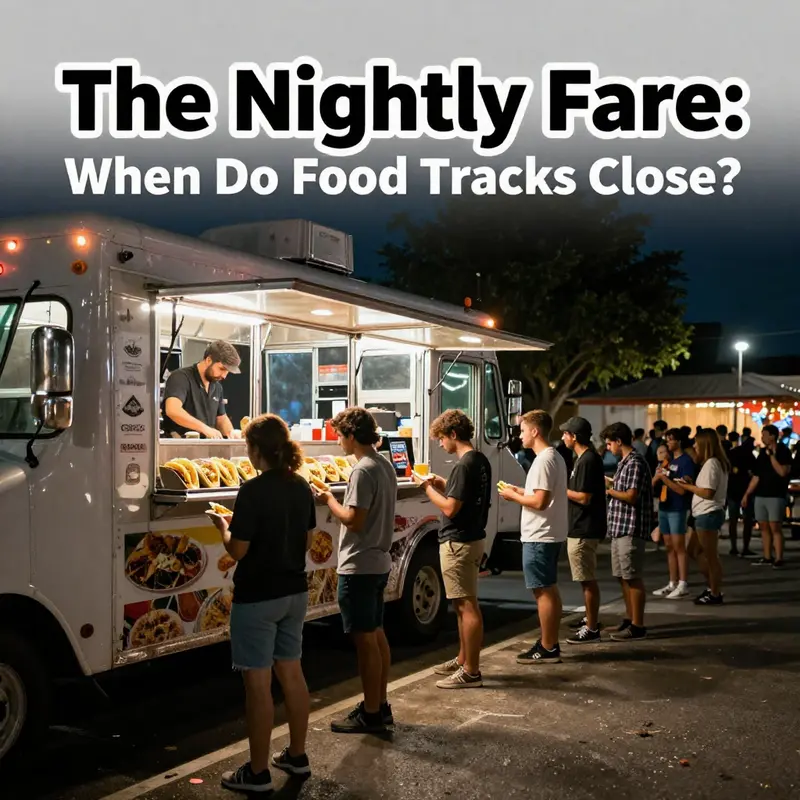 Food trucks lit up at night, serving various cuisines in a vibrant urban setting, reflecting city regulations.