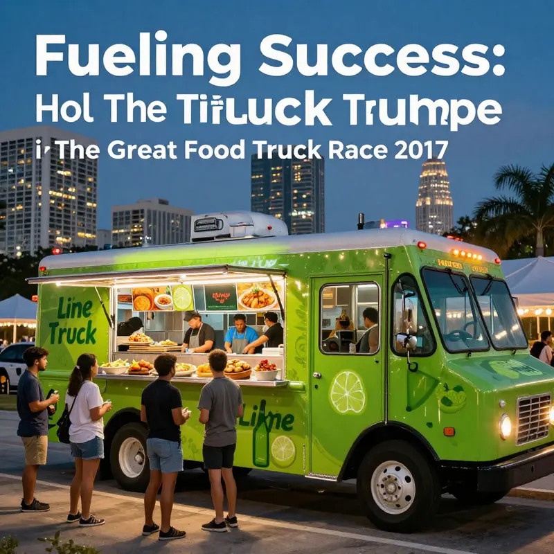 The Lime Truck serving delighted customers against the backdrop of the Miami skyline, embodying the energy and excitement of food truck competition.